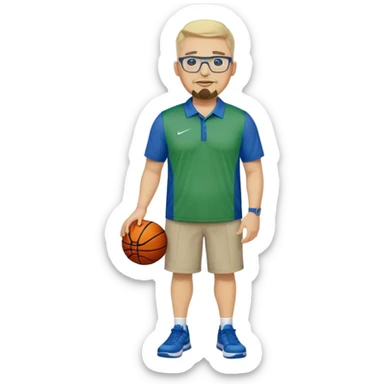 Full Body white male plus size wearing glasses with a goatee with light blonde and gray very short hair happy basketball head Coach in blue and green wearing Nike polo sticker