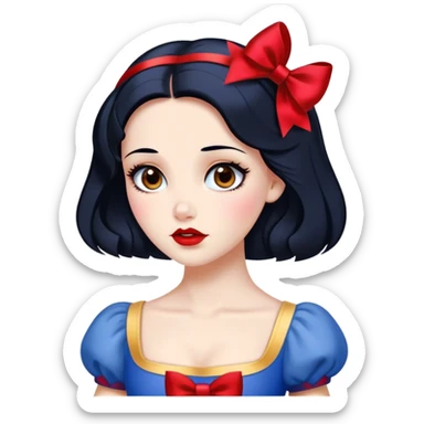 Cinematic Elegant Snow White Portrait Emoji, rendered in a realistic, vector-style with minimal shading and bold, simplified shapes. Depict Snow White (chest and above) with flawless porcelain skin, expressive deep brown eyes, and lustrous raven hair neatly styled with a red bow, wearing her classic blue and gold dress. The image glows with a soft, pure radiance and high shine, capturing timeless beauty and gentle grace. sticker