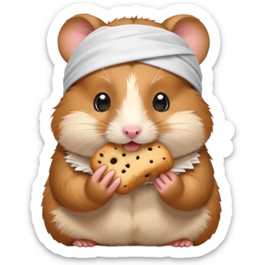 A cheerful hamster patient with head bandage, nibbling a treat for comfort.
 sticker