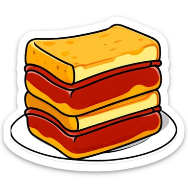 A slice of lasagna with cheese pulling and tomato sauce visible between layers sticker