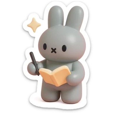gray bunny writing in notebook with spark of light, vinyl figure style sticker
