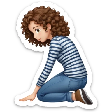 girl with curly hair in jeans and striped shirt kneeling on the ground seen from behind sticker
