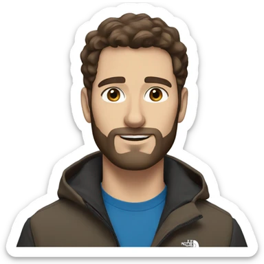 Tall man with brown hair, blue eyes, and beard wearing north face jacket sticker
