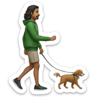 an indian man wearing a green sweatshirt, long hair, no beard, black shorts, walking, side profile, one hand raised slightly below waist level with leash in hand sticker