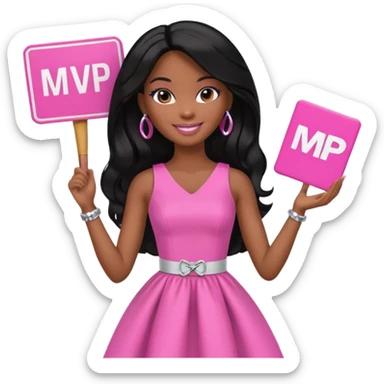 Black barbie, long black  hair, pink dress holding mvp sign  sticker