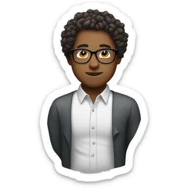 a person wearing glasses, with a bland, low-key haircut with curly hair, showing off something sticker