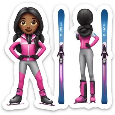 Black Skier girl with long black hair in pony tail, black eyes and pink gear show skis and legs  sticker