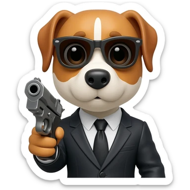 dog wearing a suit and a sunglasses holding a gun sticker