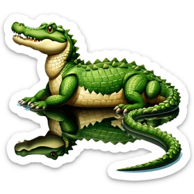 A large crocodile resting on a riverbank, part of its body in water, realistic scales and reflections, natural sunlight. sticker