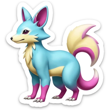 realistic Shiny smooth silky soft Cyan-Yellowish-Magenta Minccino-Zeraora-Emolga-Vernid-Sergal-fusion-hybrid-animal-creature, full body sticker