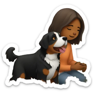 girl with brown bob picking flowers on a flower field. On her side is a bernese mountain dog. sticker