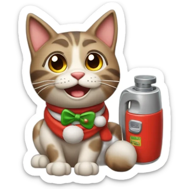 Gato disfrasado de santa claus, gordo y feliz, cargando gasolina sticker