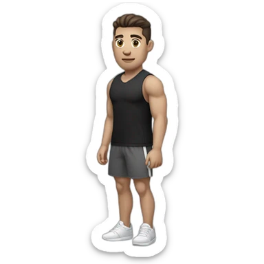Pale skinned Fit Man With the biceps and dark brown hair in black shirt, gray sports shorts and white Sneakers sticker