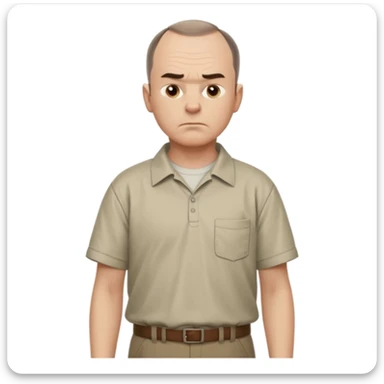 Carl from Sling Blade, serious expression, recognizable features, neutral background, full body, chin sticking out, slouching posture, no glasses, shirt with collar,  side view, the 4th image is good. show his entire body, he is standing. we see him from the side sticker