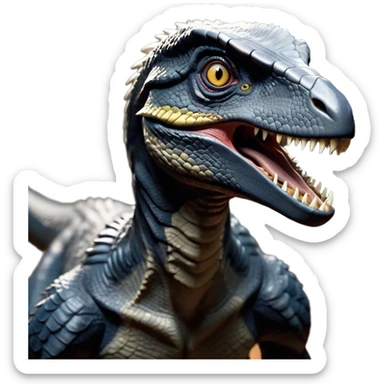 Cinematic Noble jurassic park Velociraptor Portrait Emoji, Poised and menacing, with a sleek, muscular build clad in dark, scaly skin reminiscent of jurassic park Park’s iconic raptor, a sharply curved snout and piercing, intelligent eyes that exude predatory cunning, Simplified yet boldly defined features, highly detailed, glowing with a cool, ominous radiance, high shine, intelligent and relentless, stylized with an air of cinematic prehistoric authority, focused and alert, soft glowing outline, capturing the essence of a watchful and confident jurassic park Velociraptor that appears ready to dash out of the screen with effortless power! sticker