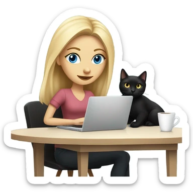 A blonde girl with blue eyes working on her laptop, holding a coffee, with her black cat by her side. sticker