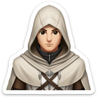 icon featuring Assasin's Creed in an iconic assassin's hood, standing tall against the backdrop of Florence. The design captures the essence of adventure, with intricate details of historical architecture and a sense of mystery. The character is poised, ready for action. transparent background. sticker