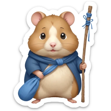 Cute fat cartoon-style hamster, standing upright like a traveler, carrying a stick with a tied blue cloth bundle (bindle) over its shoulder. Painted in a soft, hand-drawn style with light shading, expressive big eyes, and a slightly whimsical, melancholy expression. sticker