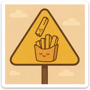 yellow warning road sign, a single french fry being dropped into a bag containing a few other fries, cartoon style sticker