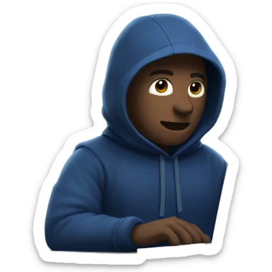 A man in a dark blue hoodie with a capelet on his head, his face not visible in the shadows, is sitting at a computer. sticker