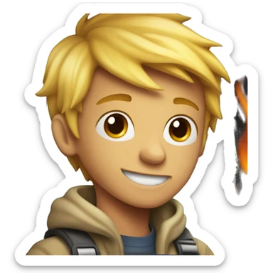 smiling blond boy in car interior in a fiery box sticker