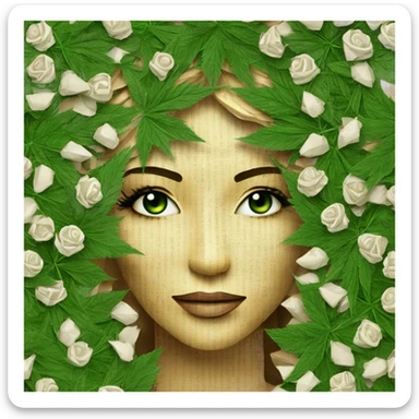  Photograph of Hemp 420 lady face made of 420 origami newspaper roses hemp leaves lantern fairy lights burning paper and hemp leaves in hair  sticker