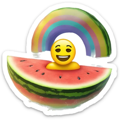 Create an emoji of a man swimming in a lake, floating on a watermelon, floaty, with a rainbow background with sunshine sticker