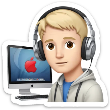 white man with headphones in front of computer mac sticker