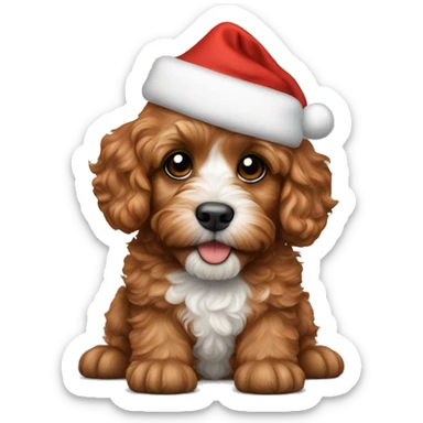Red cavapoo puppy with a Santa hat sticker