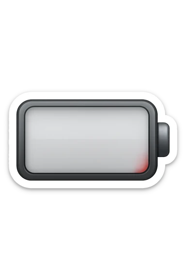 iPhone-style emoji of a battery that is almost empty, with a small red bar at the end indicating low energy. Clean, minimal, glossy look, transparent background. sticker
