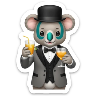 koala wearing suit, bowtie and top hat, holding a glass of drink sticker