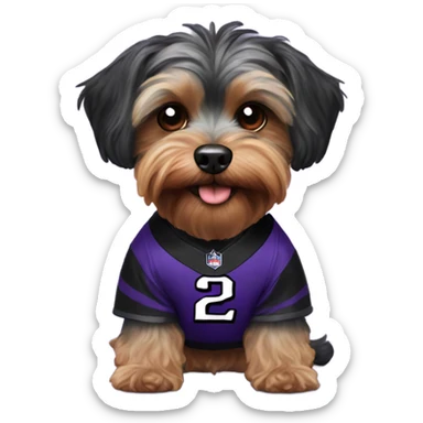 Yorkiepoo Dog wearing ravens jersey sticker