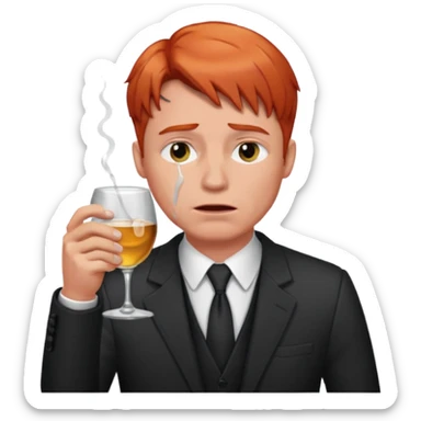 Male lawyer with light red hair that is crying and drinking alcohol  sticker