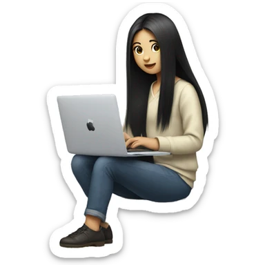 Japanese girl with long black hair sitting with a macbook sticker