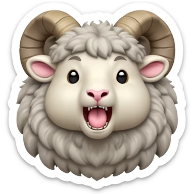 Cinematic Cute Yawning Ram Portrait Emoji, Head tilted slightly with a dramatic, wide-open yawn, showcasing a soft, woolly grey fur with gently drooping horns and ears, round dark eyes barely open in drowsy contentment, Simplified yet irresistibly adorable features, highly detailed, glowing with a soft, cozy glow, high shine, relaxed yet expressive, stylized with a touch of rugged whimsy, bright and endearing, soft glowing outline, capturing the essence of a sleepy yet affectionate ram, so drowsy it feels like it could stretch out of the screen and curl up for a nap! sticker