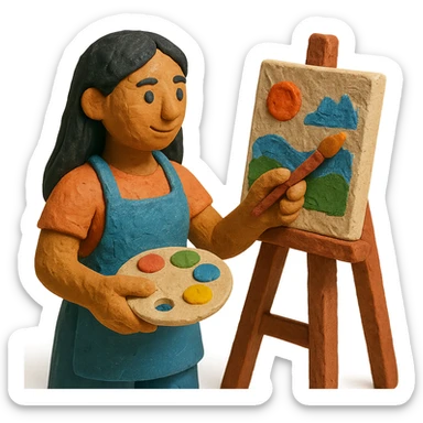 tanned woman artist with long black hair, wearing an apron, painting at an easel, holding a palette and brush, claymation style sticker