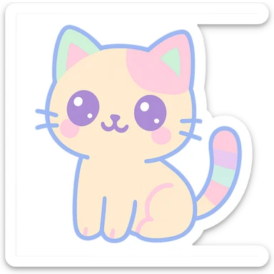 {
  "style_description": {
    "overall_look": "Cute, minimal, and soft with a friendly and playful tone",
    "material_simulation": {
      "primary_material": "flat digital color",
      "texture_detail": "smooth surfaces with no texture or shading",
      "pattern": "none or very simple decorative accents (e.g., hearts, stars)"
    },
    "geometry": {
      "edge_style": "rounded, soft curves with no sharp angles",
      "dimensionality": "flat two-dimensional appearance with simple shapes"
    },
    "color_palette": {
      "scheme": "pastel and light tones",
      "preferred_colors": ["pink", "mint", "lavender", "baby blue", "peach"],
      "contrast": "low contrast with bright accents"
    },
    "facial_features": {
      "eyes": "large, sparkly, often oval or circular",
      "mouth": "small, often a simple curve or dot",
      "expression": "joyful, innocent, or calm"
    },
    "lighting": {
      "type": "none or implied with soft highlights",
      "purpose": "maintain a clean and cheerful look"
    },
    "render_constraints": {
      "avoid": ["realistic shading", "high detail", "dark themes", "texture noise"],
      "focus_on": ["cute expression", "iconic simplicity", "emotional warmth"]
    },
    "background": {
      "color": "white or soft pastel",
      "style": "plain or patterned with simple icons (e.g., polka dots, stars)",
      "lighting_consistency": "no shadows, evenly lit feel"
    }
  }
}

{subject} = cat sticker