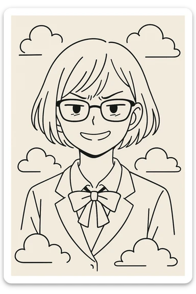 high school girl with glasses and short hair, smiling but with subtle signs of inner anger, surrounded by clouds, in a minimalist line art style sticker