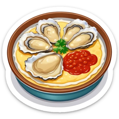 Fujian oyster omelette with red sauce, simplified emoji style with bold outlines and bright colors, cartoon style Xiamen street food sticker