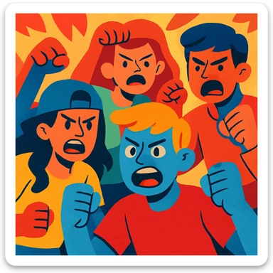a group of young people showing anger, colorful illustration style sticker