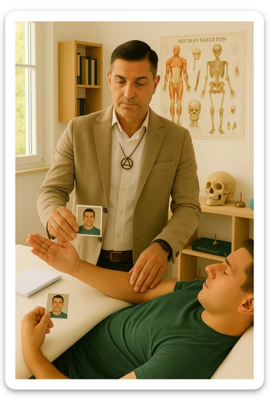 a middle-aged man, dressed in casual professional attire, is in a bright, organized therapy studio. Durante una visita di kinesiologia, il ragazzo tiene con una mano la foto di una persona lontana (il “testimone”) tiene la foto in mano, mentre con l’altra mano esegue un test muscolare su un cliente presente senza foto lui non tiene la foto. Sullo sfondo si vedono libri di kinesiologia, poster anatomici e strumenti tipici della disciplina. L’atmosfera è concentrata e serena, con luce naturale che entra dalla finestra, sottolineando l’aspetto alternativo e umano della pratica. sticker
