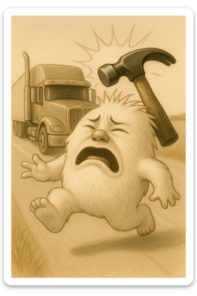 Add a comic-style impact effect where the hammer hits the abominable snowman, remove any blue color from the abominable snowman. Keep the side view, flattop semi with chrome stacks far behind, light and realistic style, no text. sticker