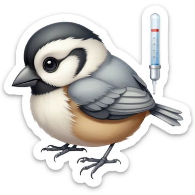 Sick Chickadee with thermometer in beak lying in bed sticker