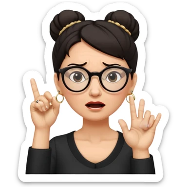 middle aged woman with dark hair pulled up in a high bun, wearing round ring earrings and glasses blocking her ears with her index finger, with a very painful expression on her face  because she cannot stand hearing a terrible singer who is too loud and out of tune.   sticker