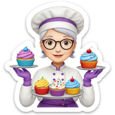 Older female pastry chef – round glasses, oven mitts on, holding a tray of cupcakes

 sticker