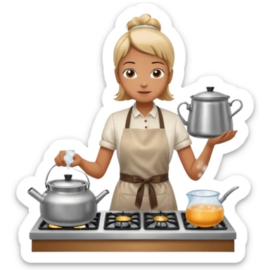 small metal pot filled with boiling water on a stove, visible hot steam and rising bubbles, realistic heat effect, shiny pot surface, bright lighting, clean white background sticker