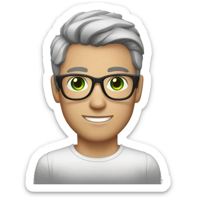 white man, green eyes, dark brown hair with a slight gray streak, narrow glasses, tattoo on his hand sticker