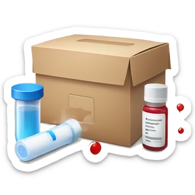 package box for an at home test blood kit including a vial and p sticker
