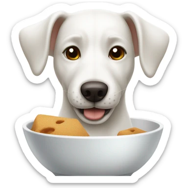 White dog with one brown ear eating food in dog bowl  sticker