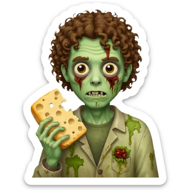 curly hair man zombie holding moldy cheese piece sticker